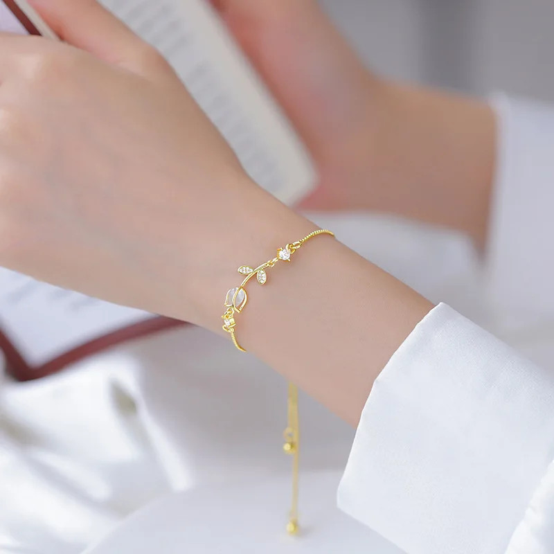 Tulip Flower Bracelet Women Adjustable Charm Zircon Opal Pearl Beaded Jewelry