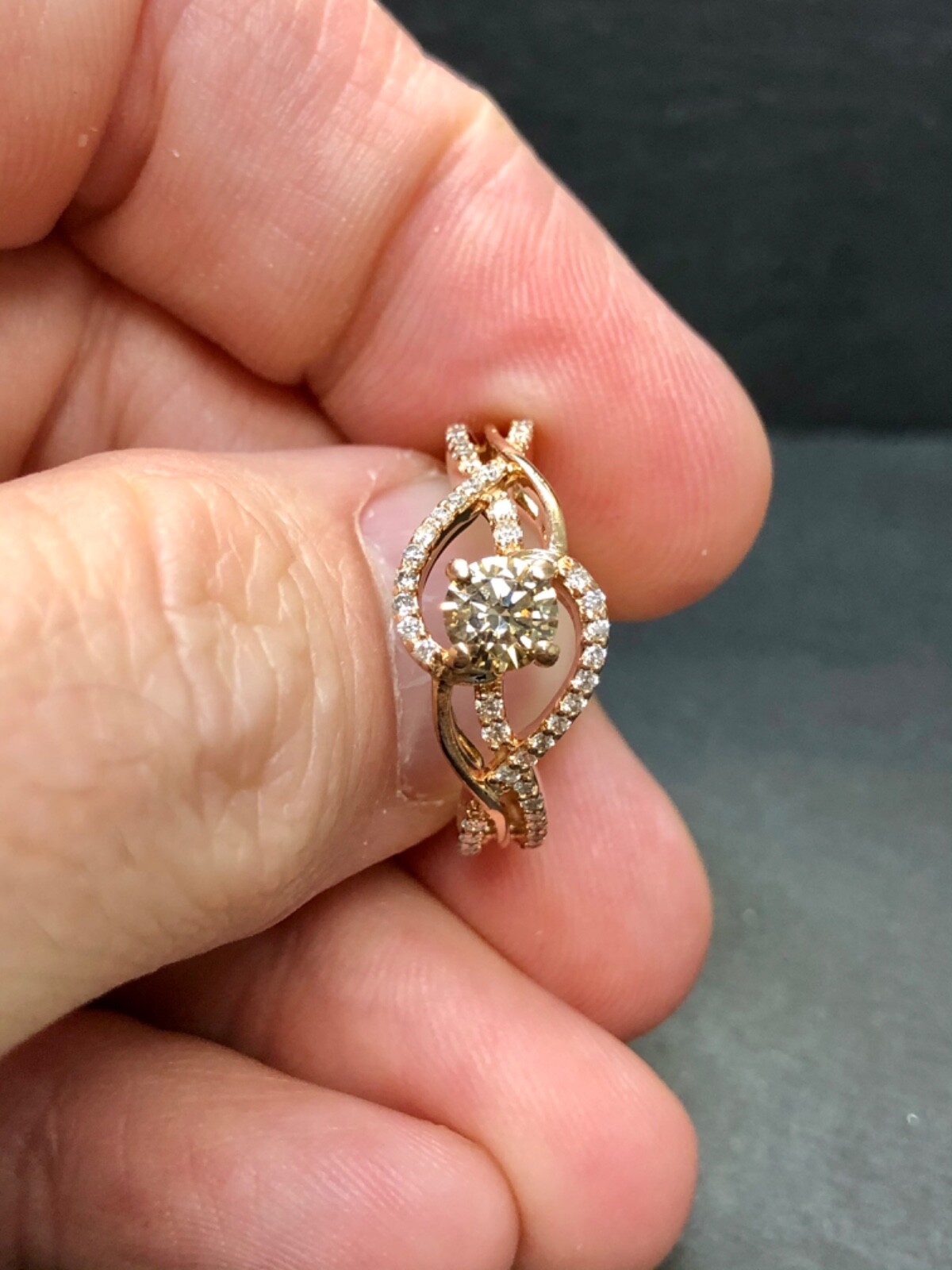 ELO 14K Rose Gold Chocolate Brown Diamond Solitaire Engagemnt Ring .46ct Center