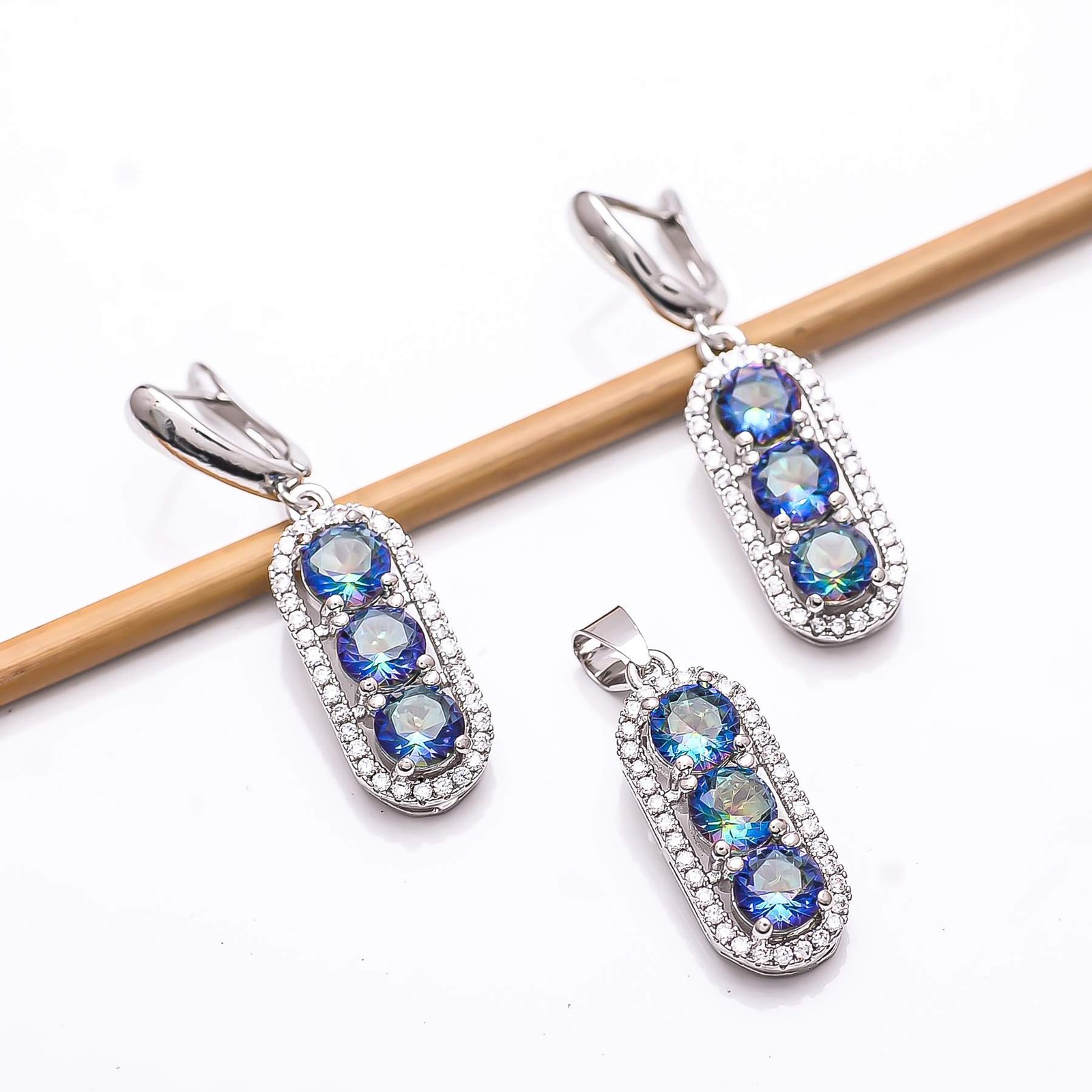 Blue Rainbow Mystic Fire Topaz & CZ 925 Silver Handmade Pendant Set PS8188