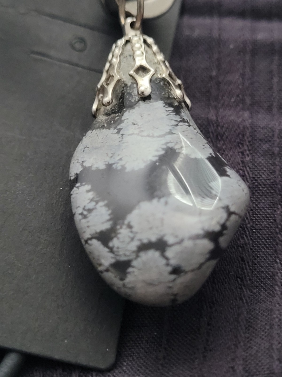 Black & Gray SnowflaObsidian Teardrop Pendant Necklace On Black Cord