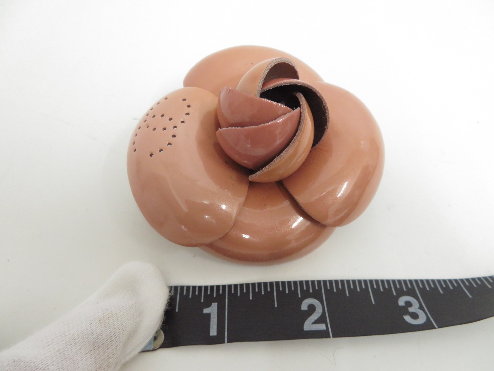 Authentic CHANEL Patent leather Camellia Flower Pin Brooch accessory F#47376