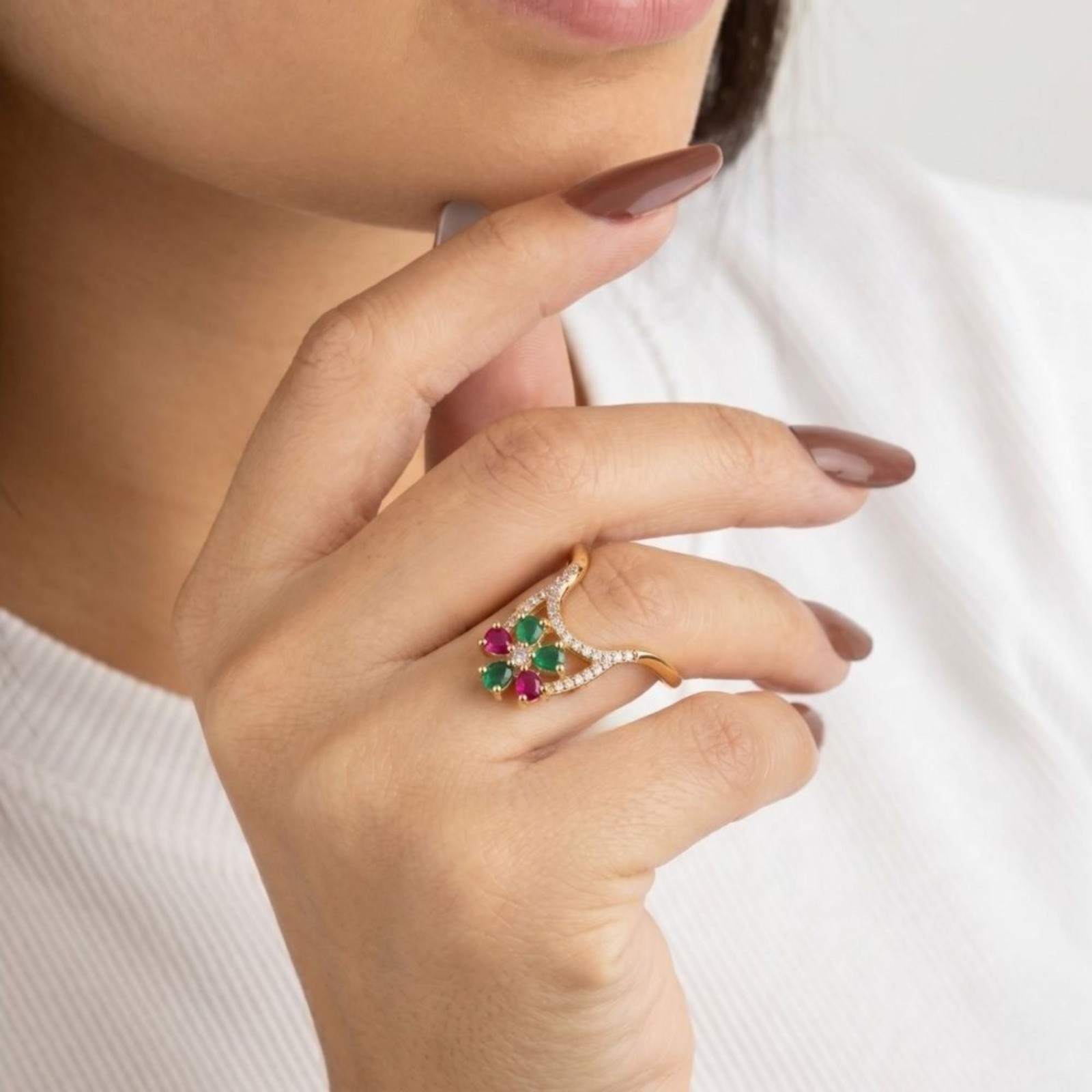 Gold Plated CZ Vanki Ring: Adjustable Indian Design
