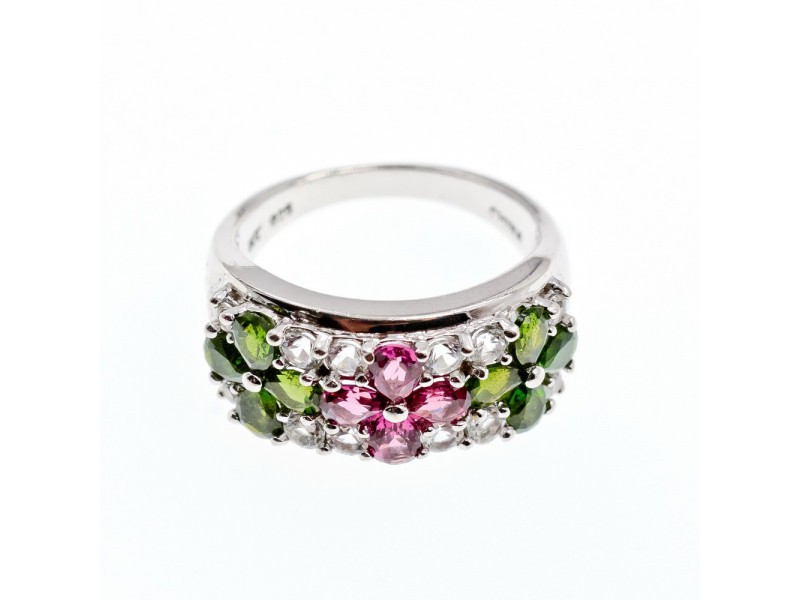 925 Sterling Silver Emerald, Pink Topaz & Goshenite “Flowers” Ring Size 7.5