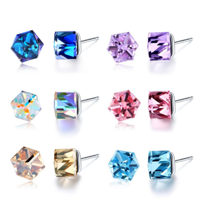 A Pair Square Cube Crystal 925 Sterling Silver Stud Post CZ Earrings Gift
