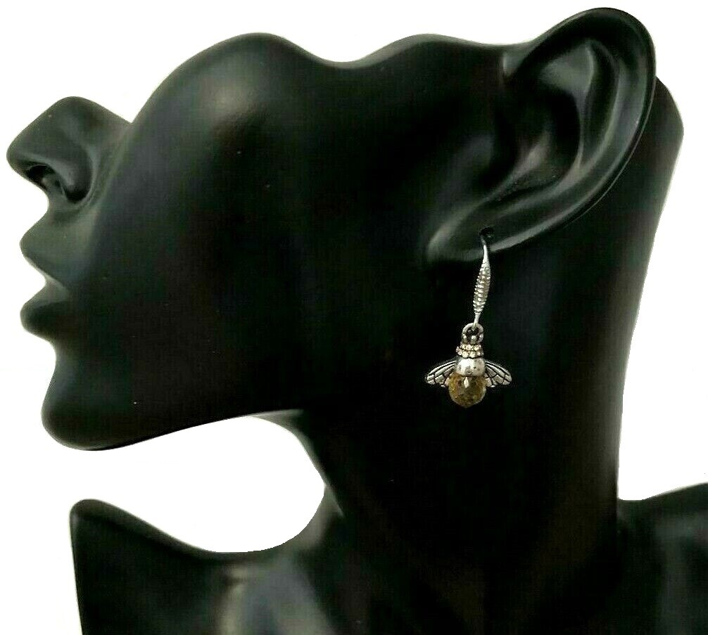 US Seller Betsey Johnson Silver Amber Crystal Bee Dangle Earrings Acrylic