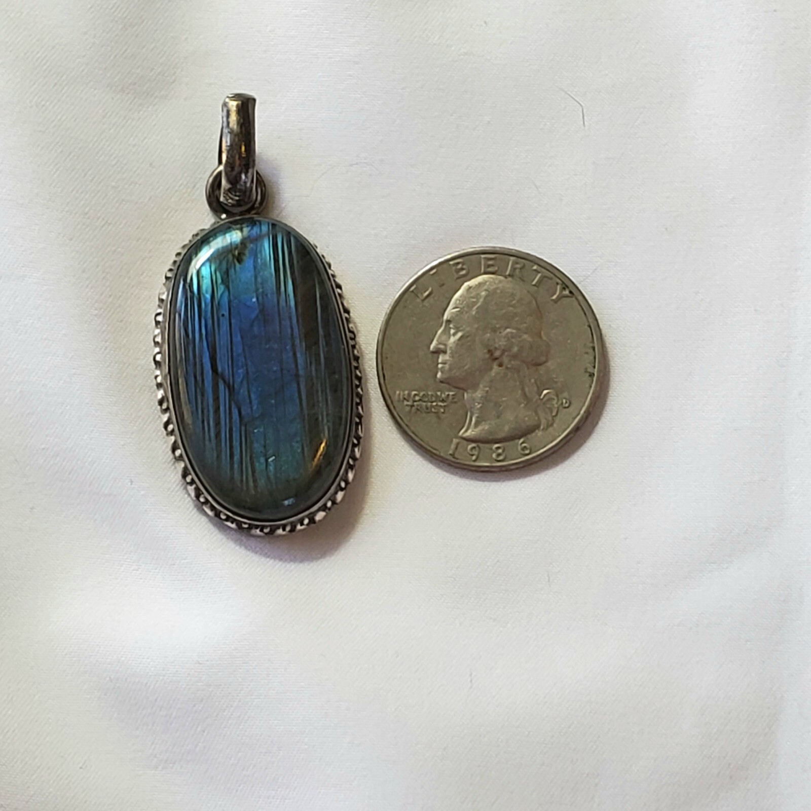 Labradorite Pendant Sterling Silver 2 Inch Oval Blue Green Gemstone Mysterious