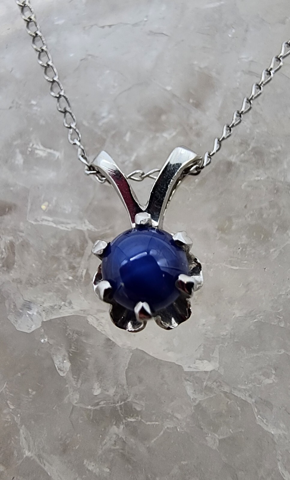 14k .585 White Gold Linde Star Sapphire Pendant 18″ Curb Chain Necklace Au 23229