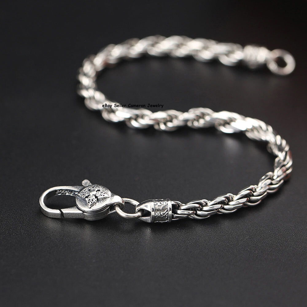 Pure S925 Sterling Silver Chain 4mm Lucky Twist Rope Link Bracelet 6.7-8.3inch
