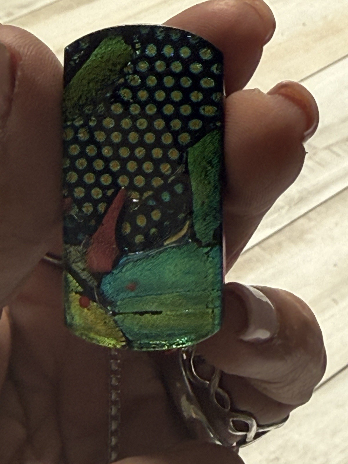 Vintage Signed Silver Dichroic Fused Glass Pendant Necklace 22”, Brooch