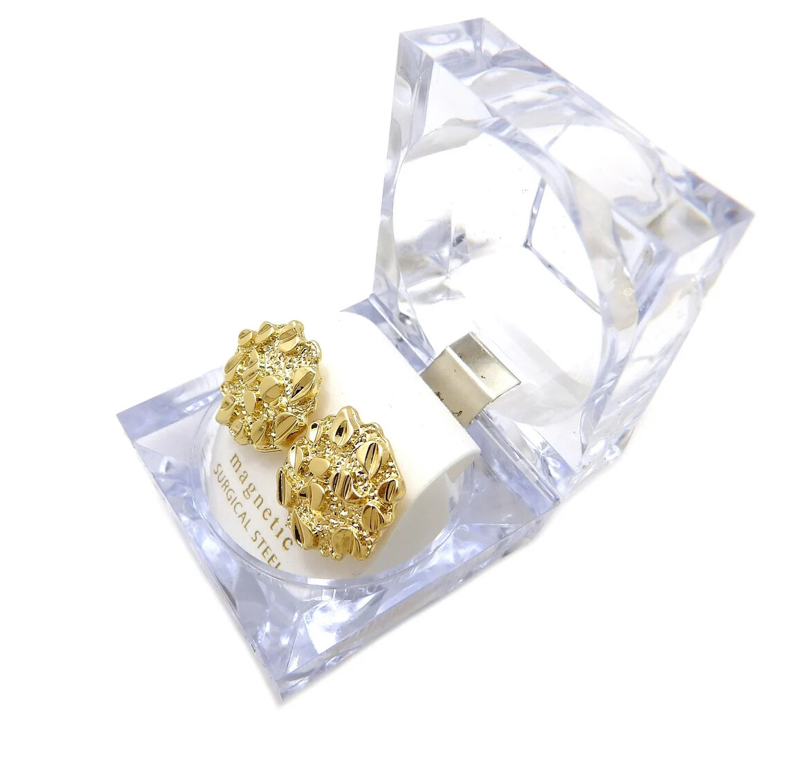 Gold Plated Alloy Golden Nugget Cookie Magnetic Earring Earrings With Lucite Box