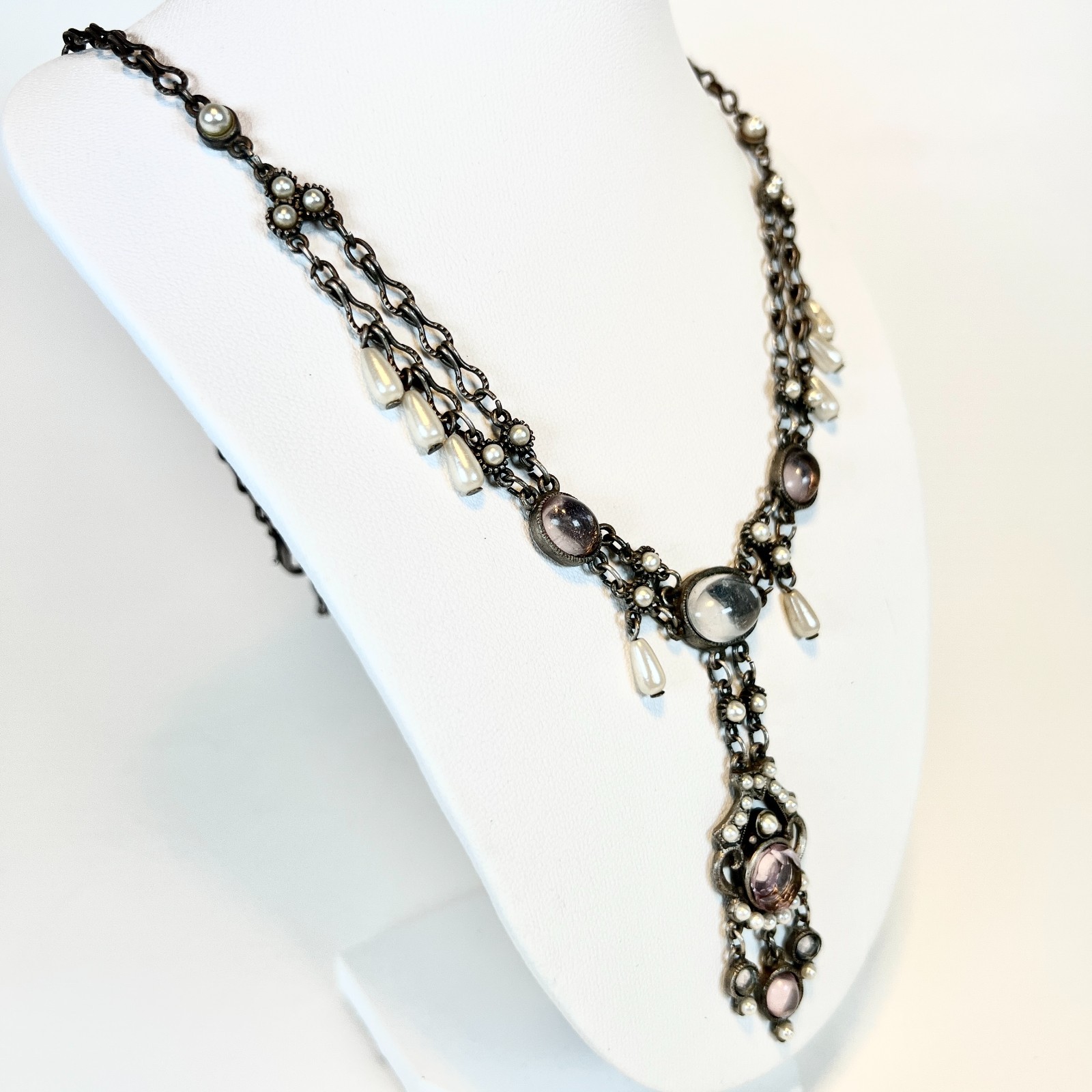 Vintage Moonstone Rhinestone Simulated Pearl Necklace Victorian Poured Glass