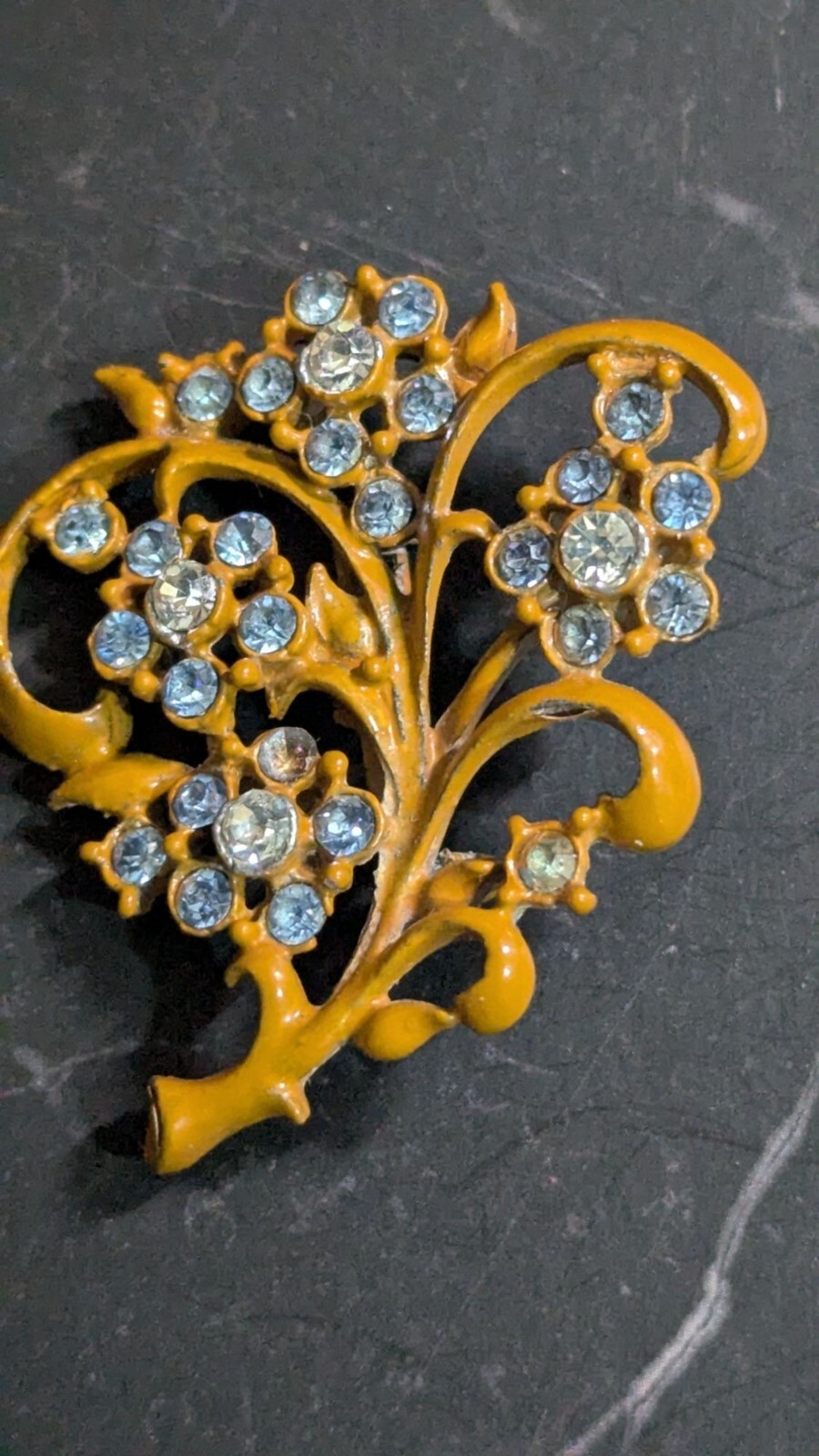 Vintage Mustard Yellow Enamel Blue Rhinestone Flower Brooch Pin 2 Inch Floral
