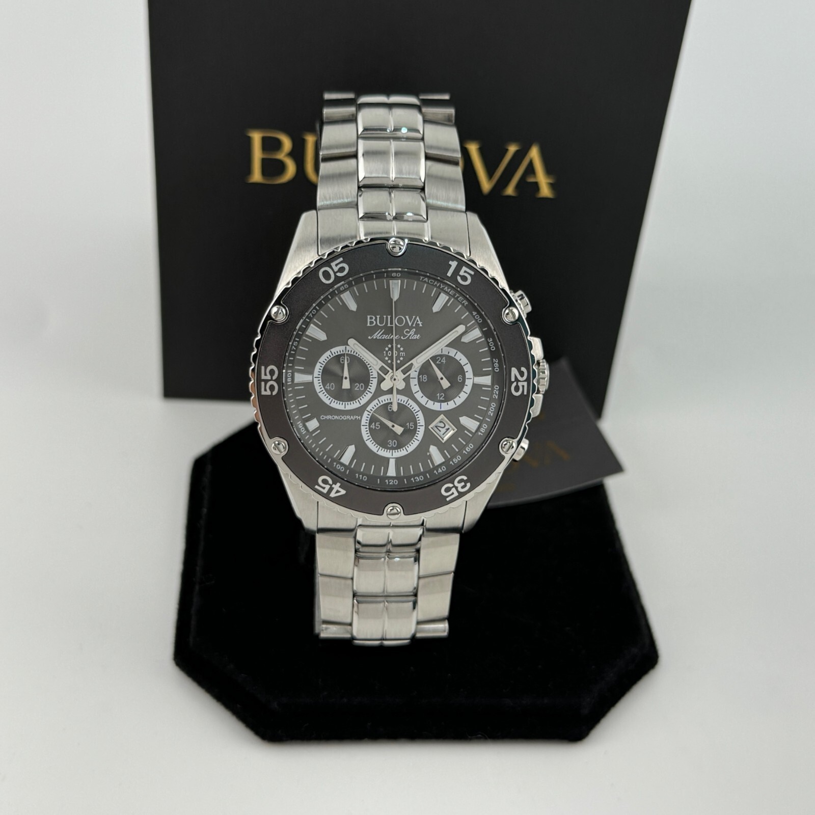 Bulova Marine Star 98B401Chronograph Black Dial Stainless Steel Men’s Watch 41.5