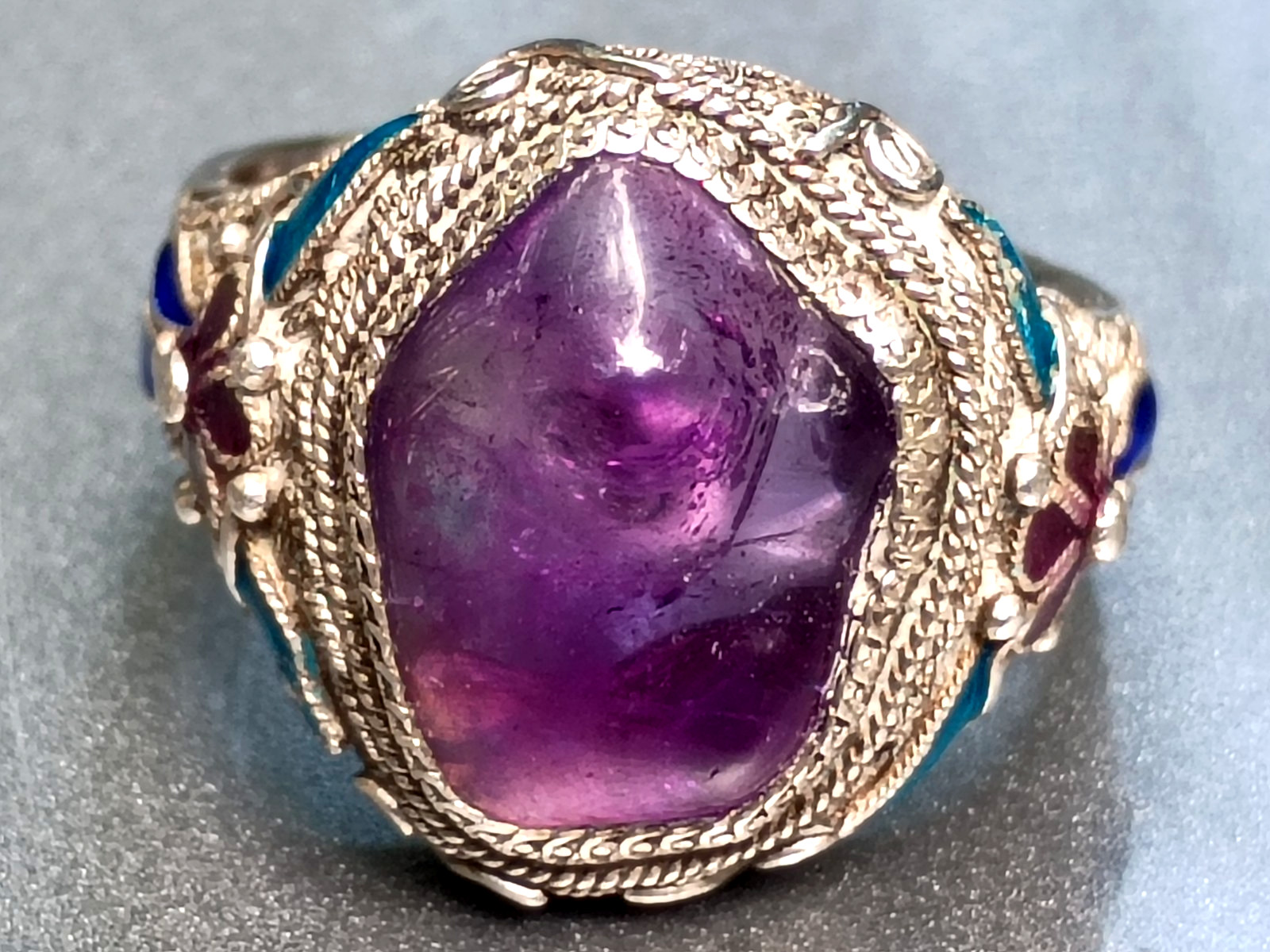 Antique Chinese Export Ring Large Amethyst Sterling Silver Filigree Cloisonné