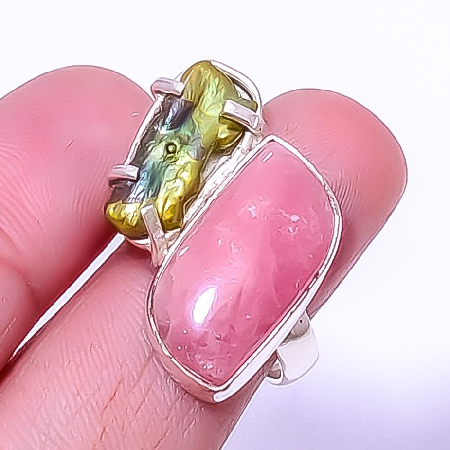 Rhodochrosite – Argentina & Biwa Pearl 925 Silver Plated Ring s.8.5 T73