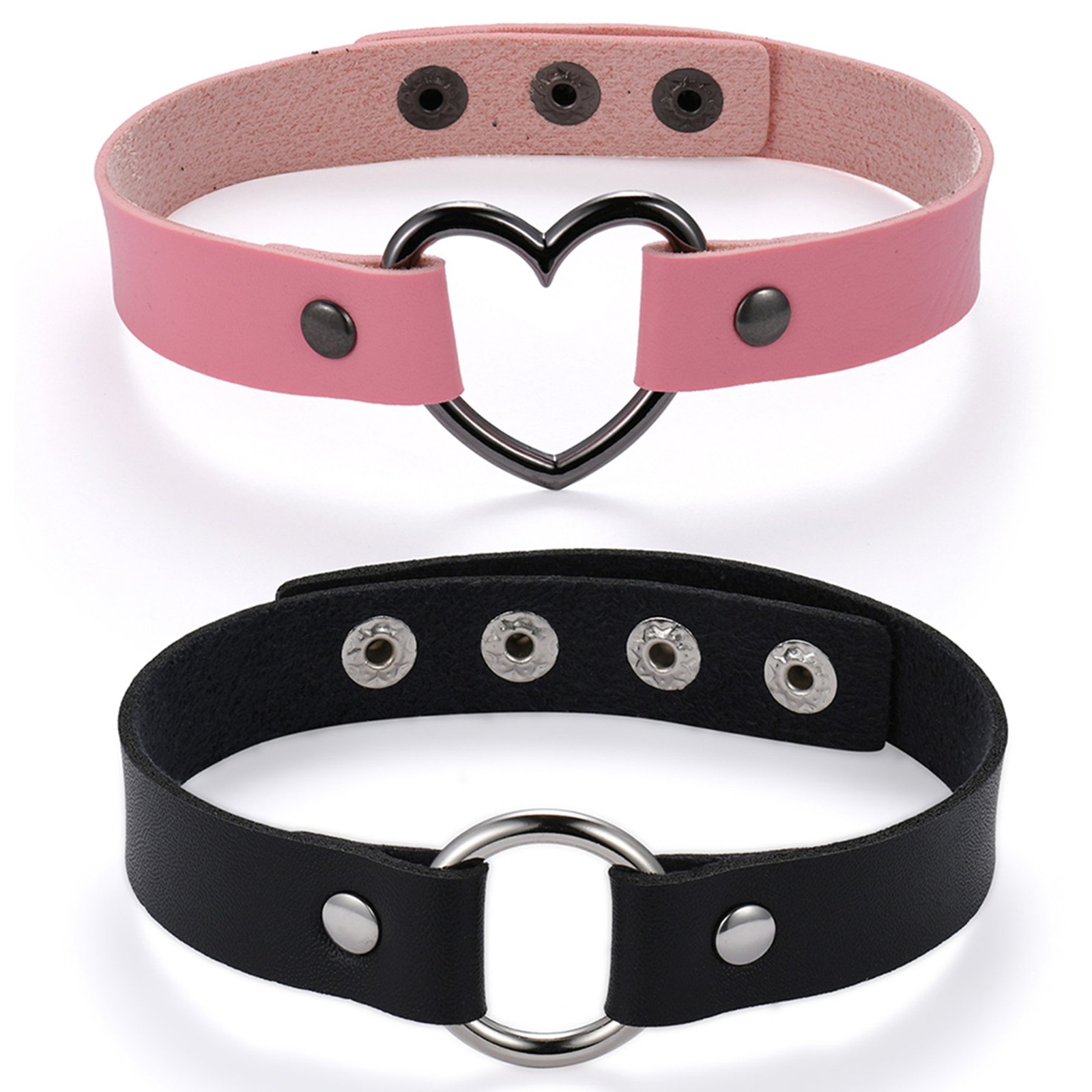 2pcs Gothic Punk Love Heart O-Ring PU Leather Choker Collar Necklace Women Girls