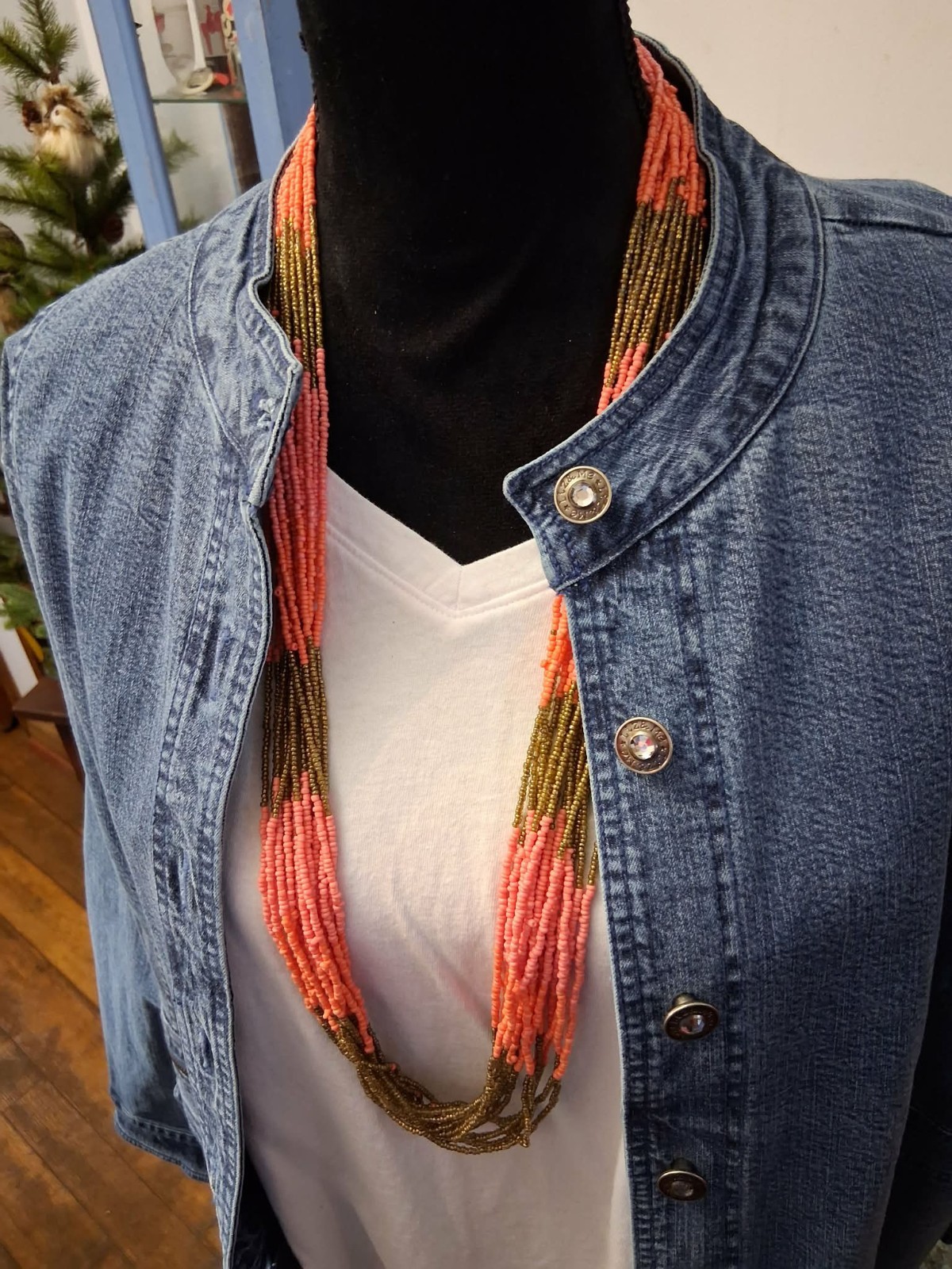 Multistrand Gold And Salmon Colored Bead Necklace 37in