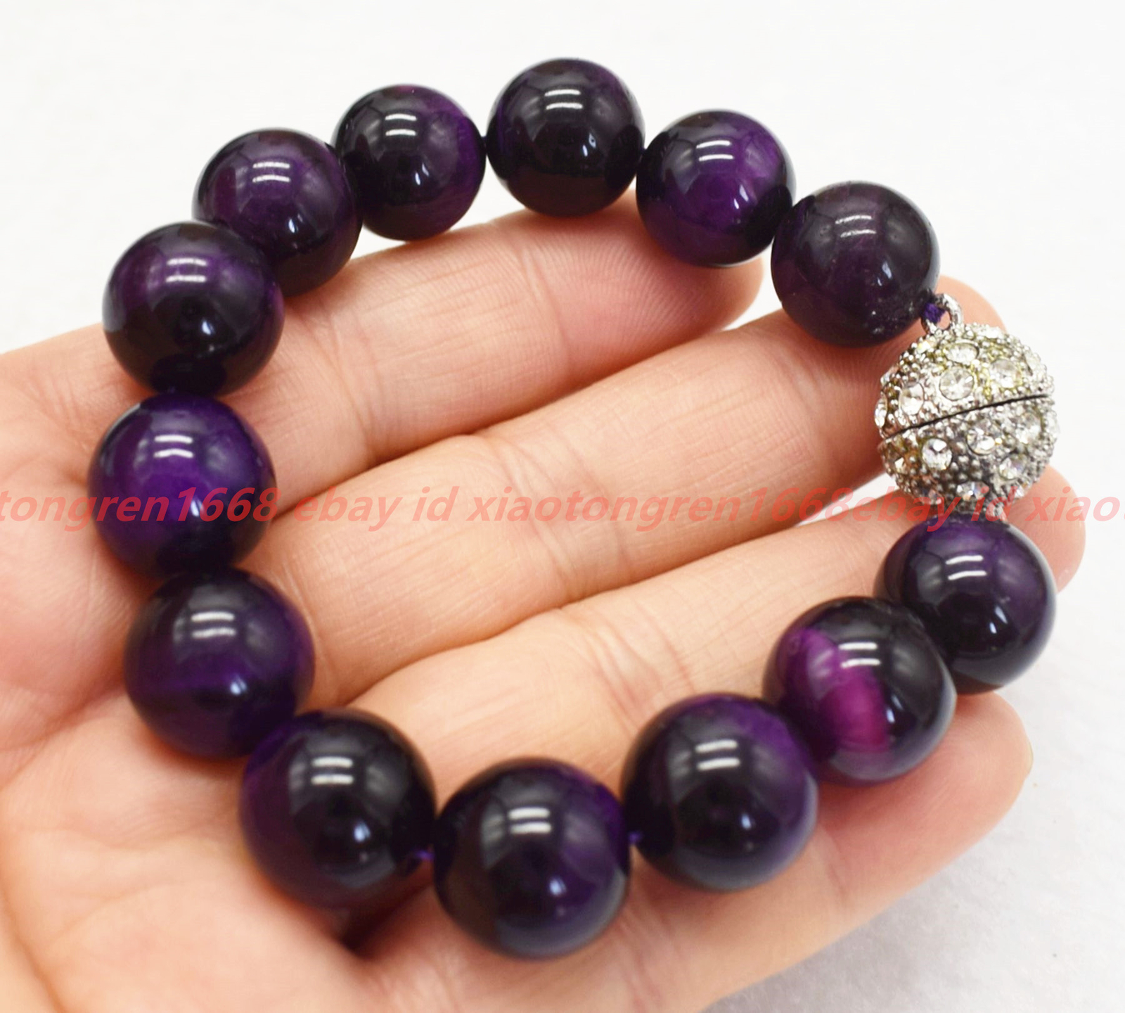 Huge Natural 12mm Purple Tiger’s Eye Gems Round Beads Healing Bracelet 7-9in