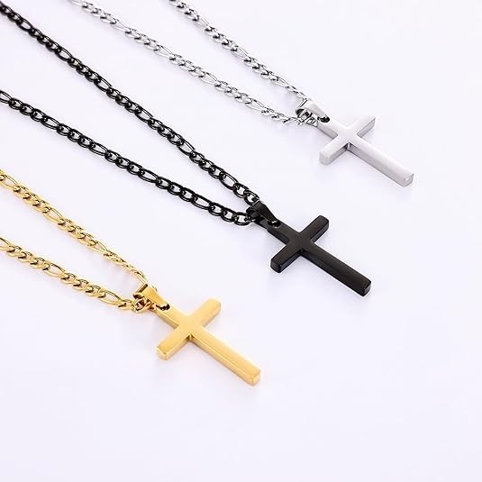 Collar de cruz chapado en oro de 14 quilates para hombre, cadena Figaro de acero