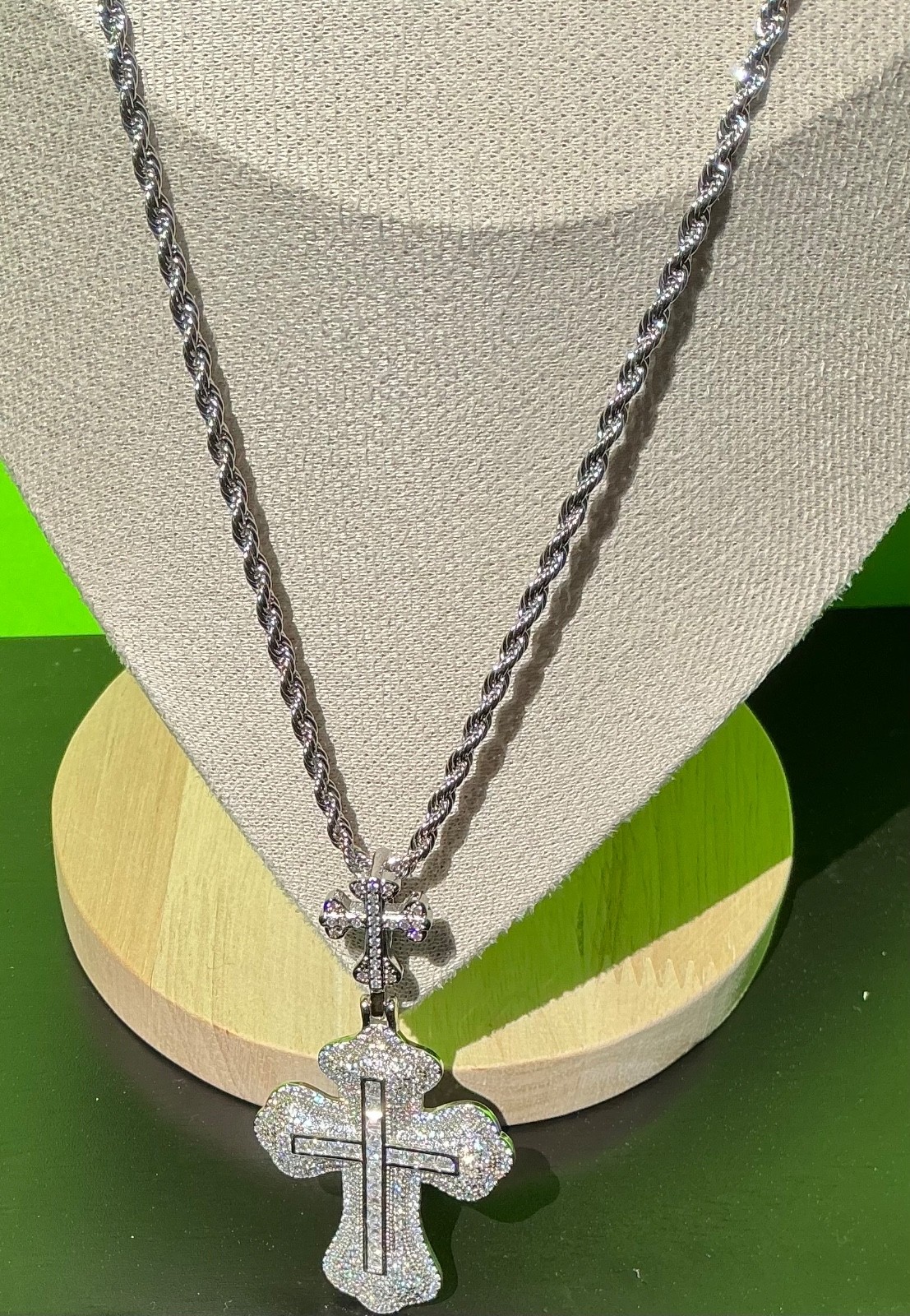 New Men Women White Gold Tone Cross CZ Chain Necklace Hip Hop Rap Fire Bling