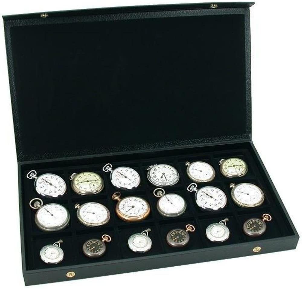 RJ Displays Black Pocket Watch Display Case Storage Box for 18 Pocket Watches, J