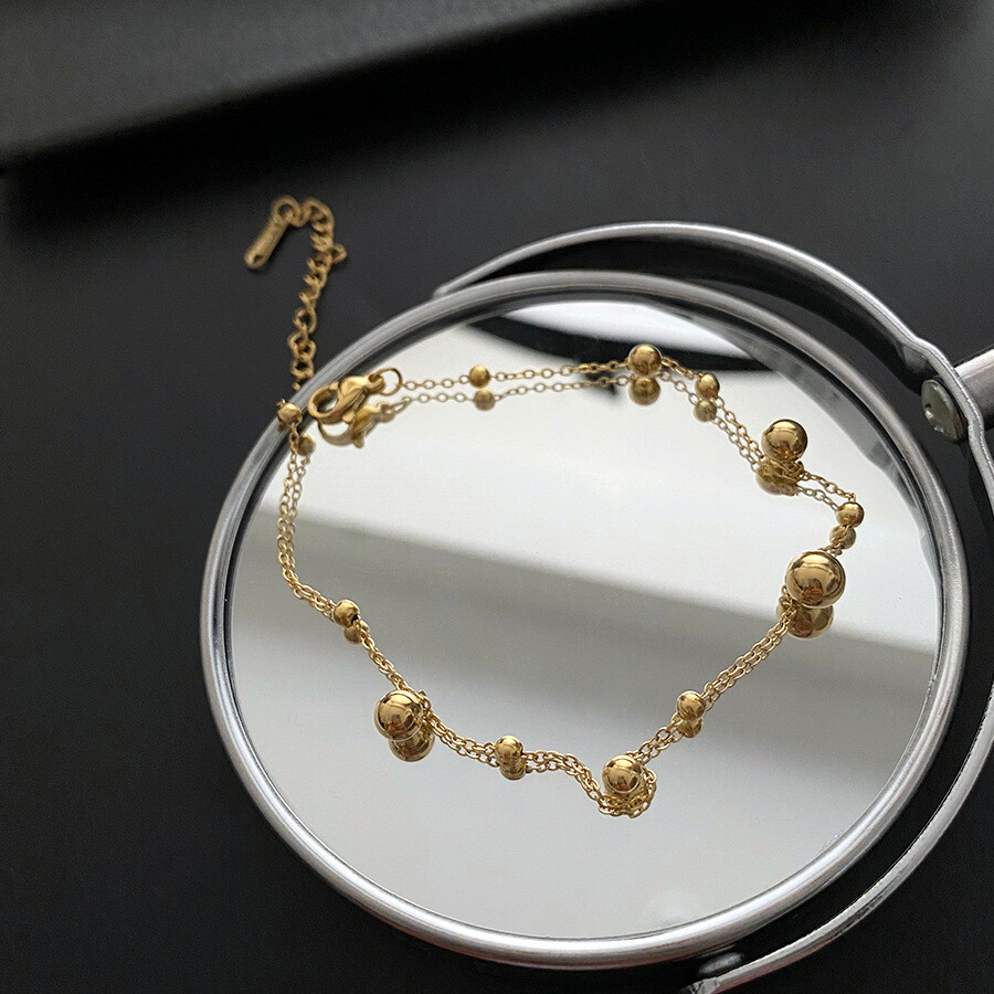 Woman 18K Gold Plated Stainless Steel Balls Beads Chain Bracelet Bangle Anklet