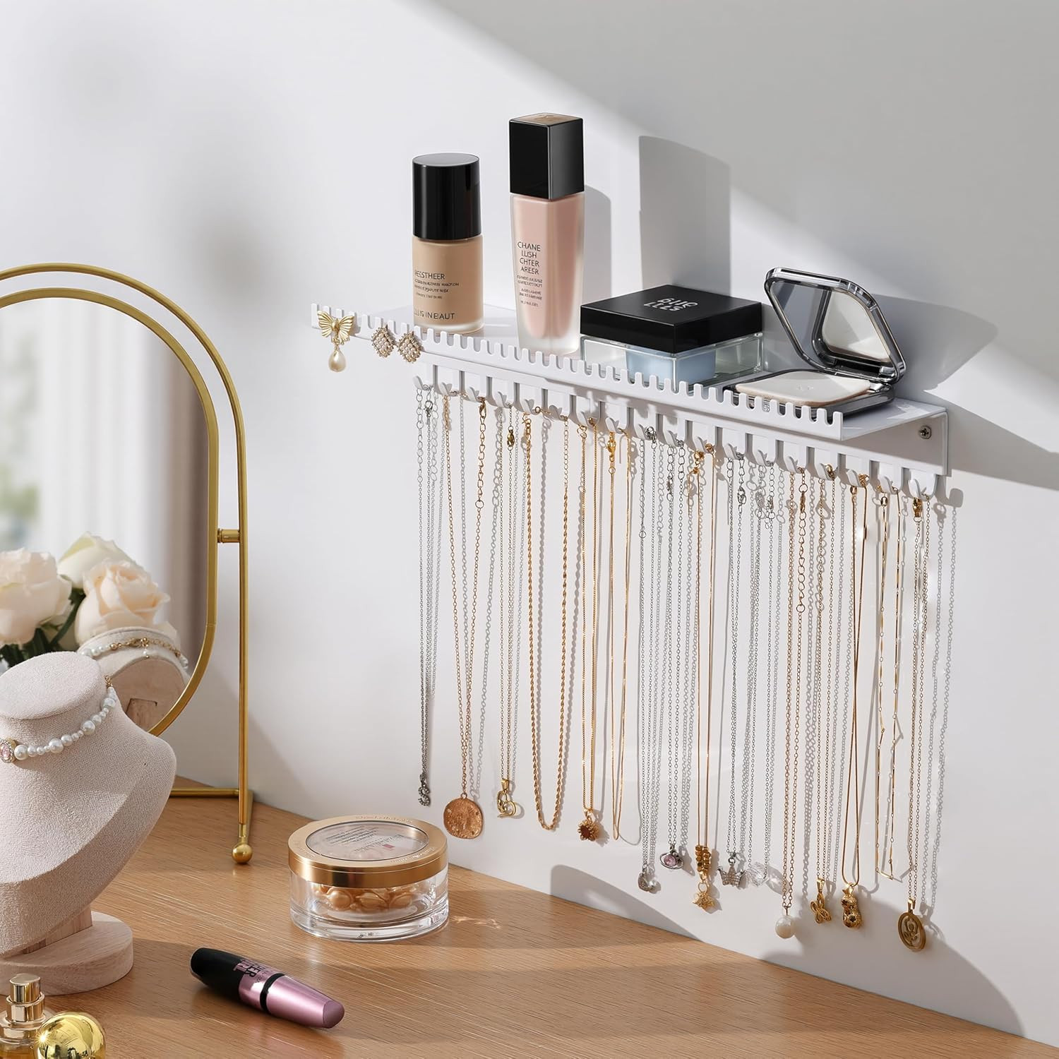 Necklace Holder Wall Hanging Organizer: Wall Mounted Jewelry Shelf with 56 Hooks