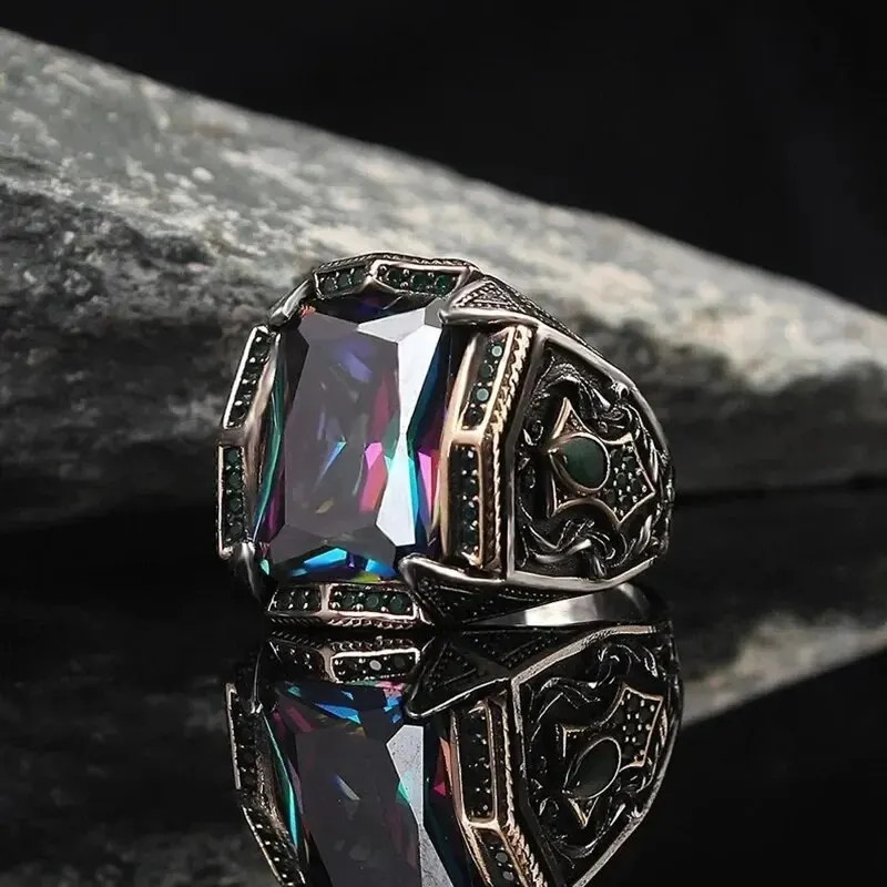 Turkish Signet Ring Silver Color Carved Zircon Inlay Biker Style Unisex Jewelry