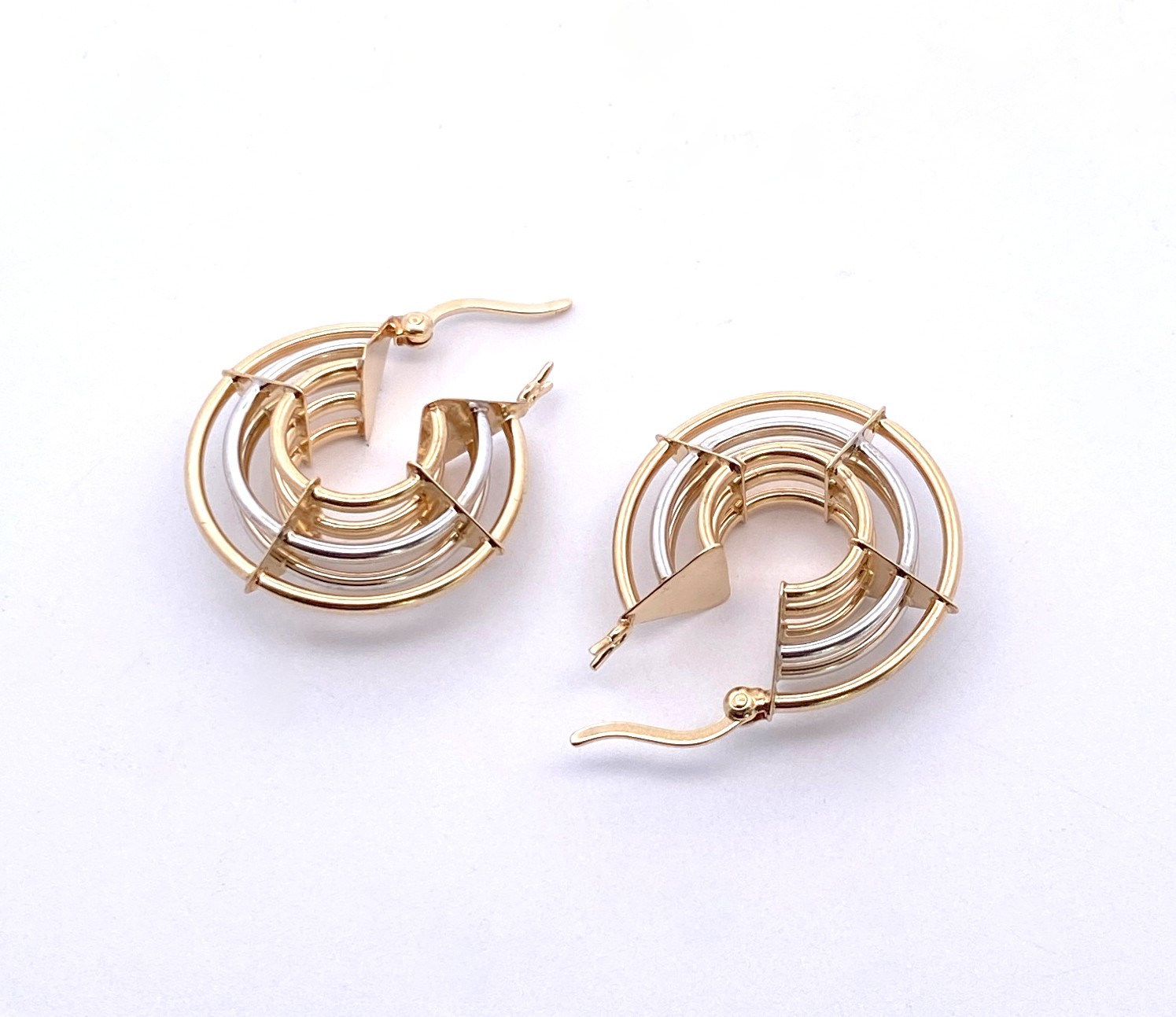 14k Two-Tone Gold Trinity Layered Nestled 22mm Hoop Latch Back Earrings 3.9g