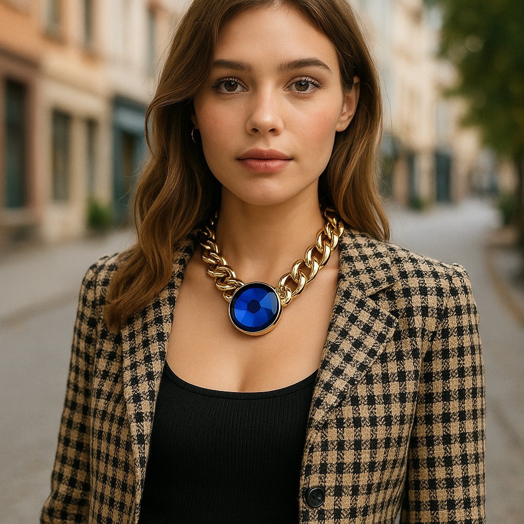 Women Gold Metal Chain Fashion Jewelry Short Necklace Bling Big Blue Bead Charm