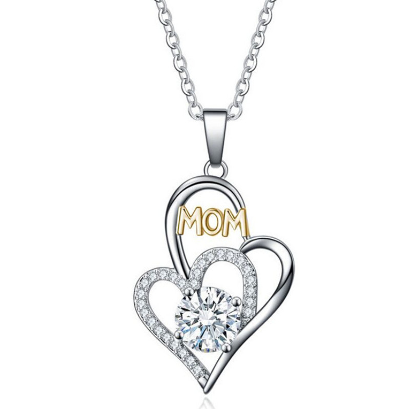 Women Silver Love Heart MOM Cubic Zirconia Pendant Necklace 18″ Gift PE42