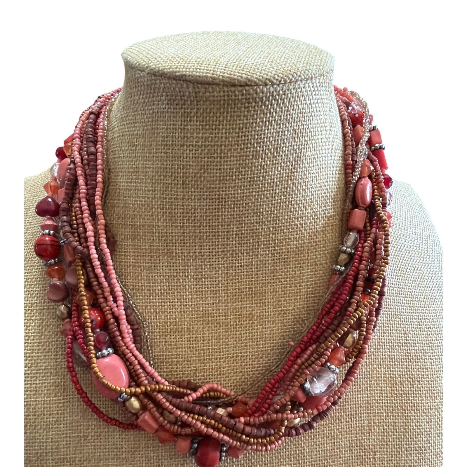 Multistrand Seed Bead Statement Necklace Terracotta Coral Pink Boho Layered
