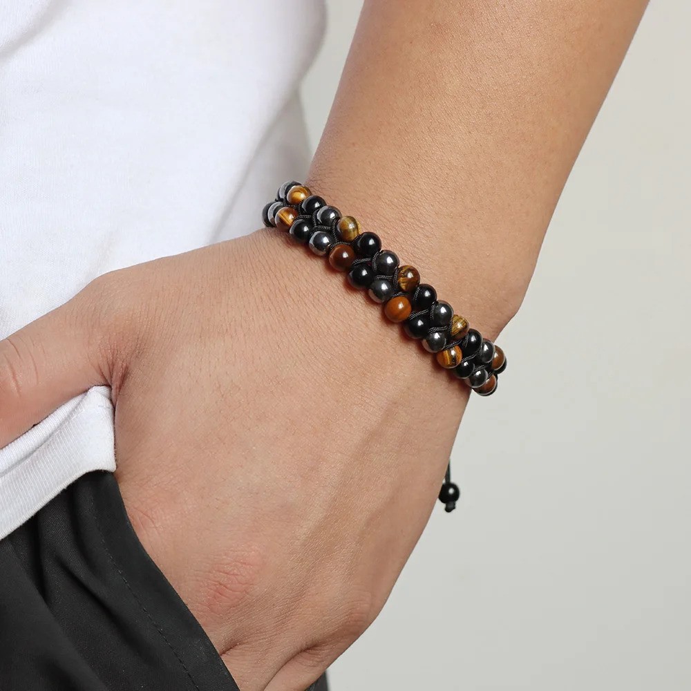 Triple Protection Bracelet Men Tiger Eye Hematite Obsidian Beaded Healing Jewelr