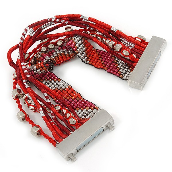 Glass Bead, Silk Cord Magnetic Bracelet in Silver/ Red/ Carrot/ Burgundy- 18cm L