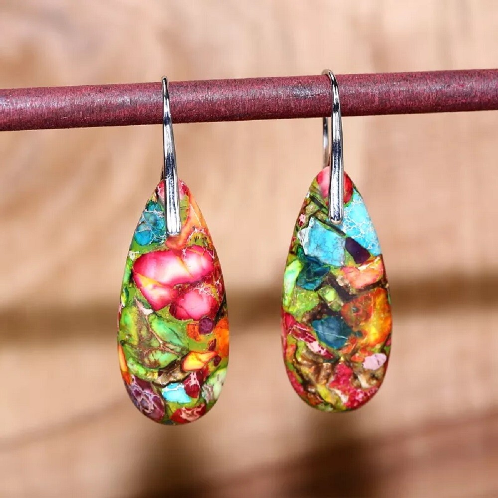 Natural Tropic Sea Sediment Jasper Stone Teardrop Earrings for Inner Peace Heal