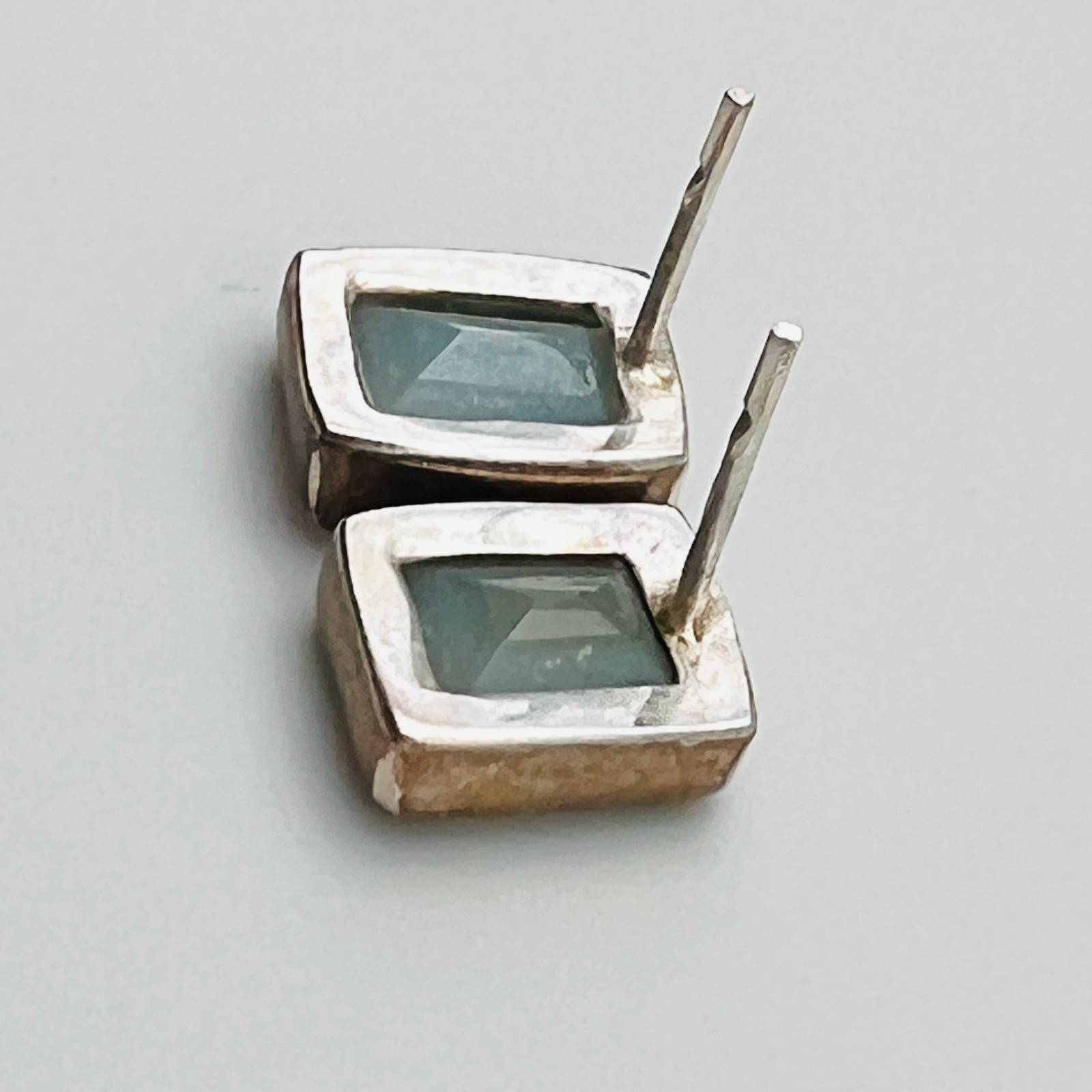 Silver Tone Stud Earrings Rectangle Blue Glass Modern Minimal Jewelry