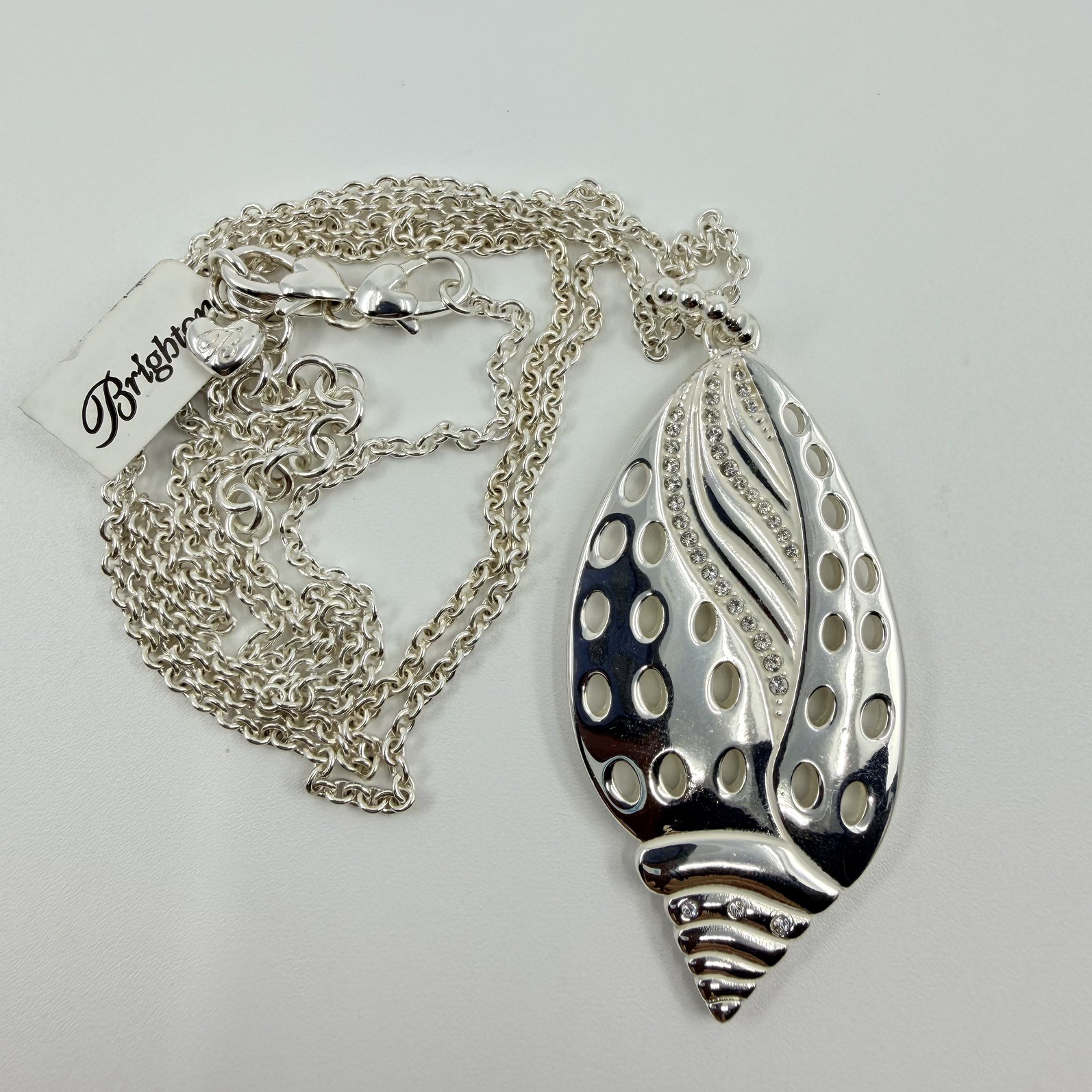 Brighton Sea Scape Shell Long Sweater Necklace Silver Tone w/ Rhinestones 37”