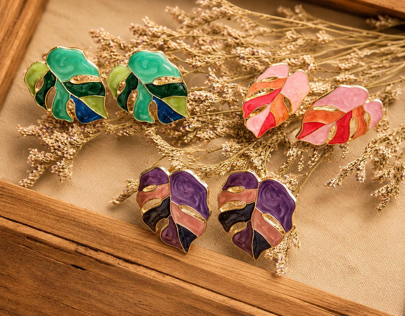 Tropical Plant Leaf Stud Earrings, Botanical Enamel Studs