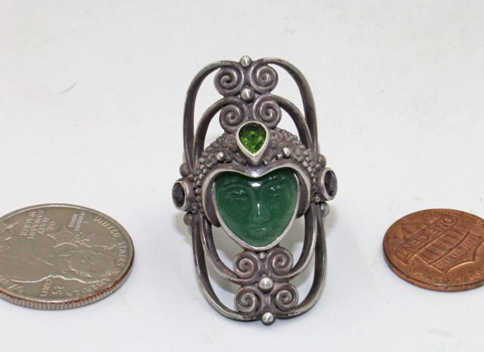 Sajen Sterling Silver Carved Green Gemstone Goddess Face Ring Size 9 Adjustable