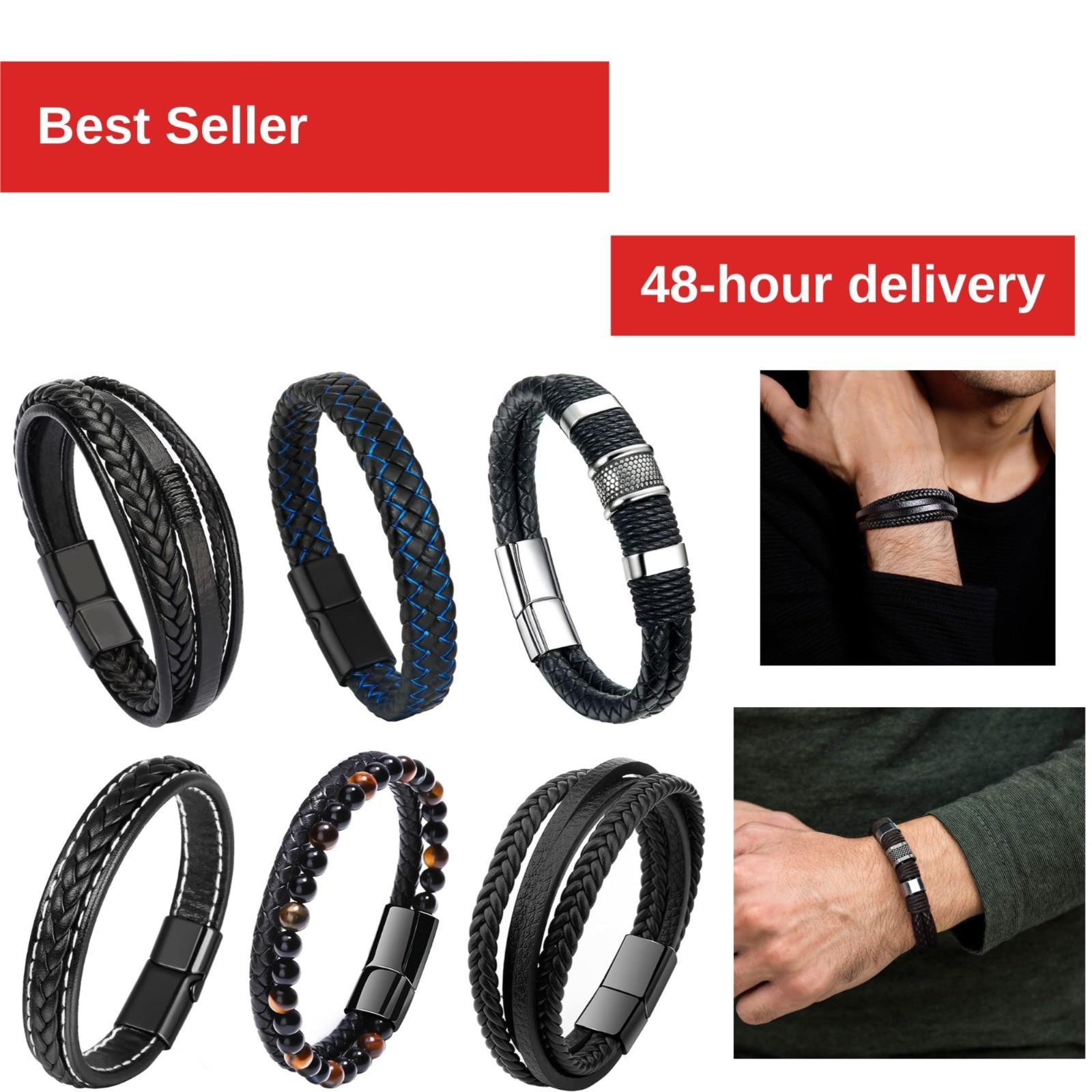 6 Pieces Men’s Leather Bracelet Set – Stainless Steel Multi-layer Cuff