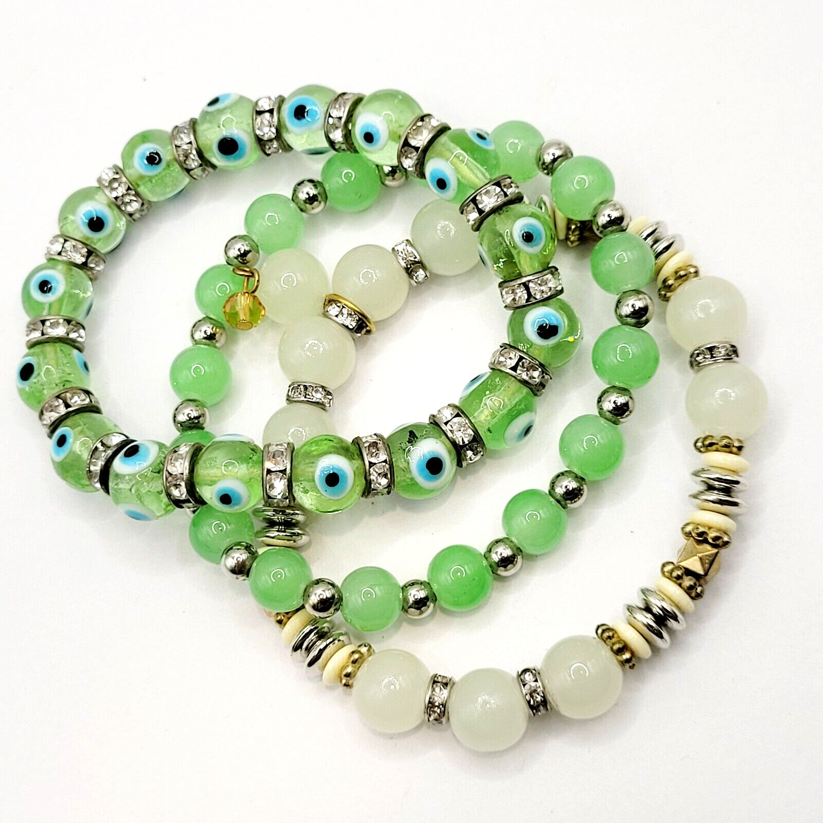 Modern Three Glass Bead w Rhinestone Jade Milky Glass Color Stretch Bracelet Set