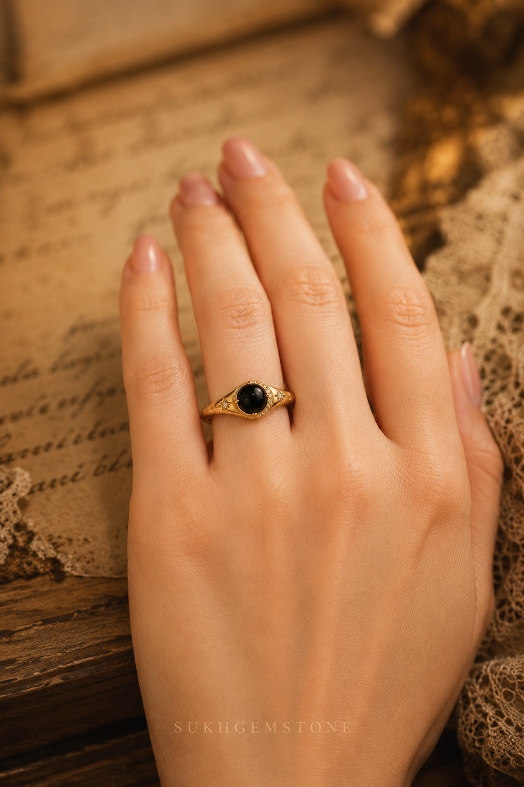 Lab Created Black Hakik Ring, Base Metal: Brass Finish: Gold Plated