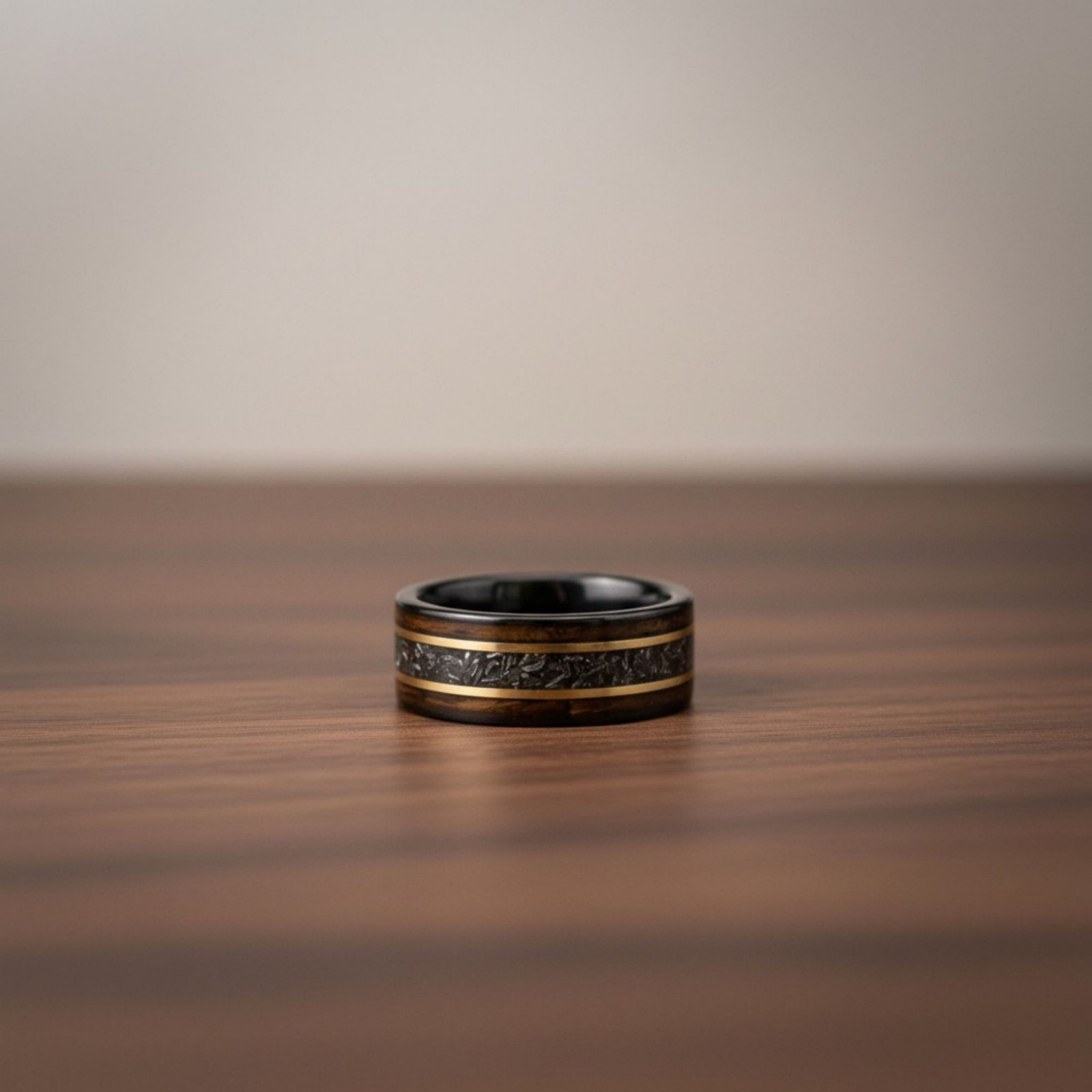 Meteorite Whiskey Barrel Wood Ring Black Tungsten Mens Wedding Band 8mm
