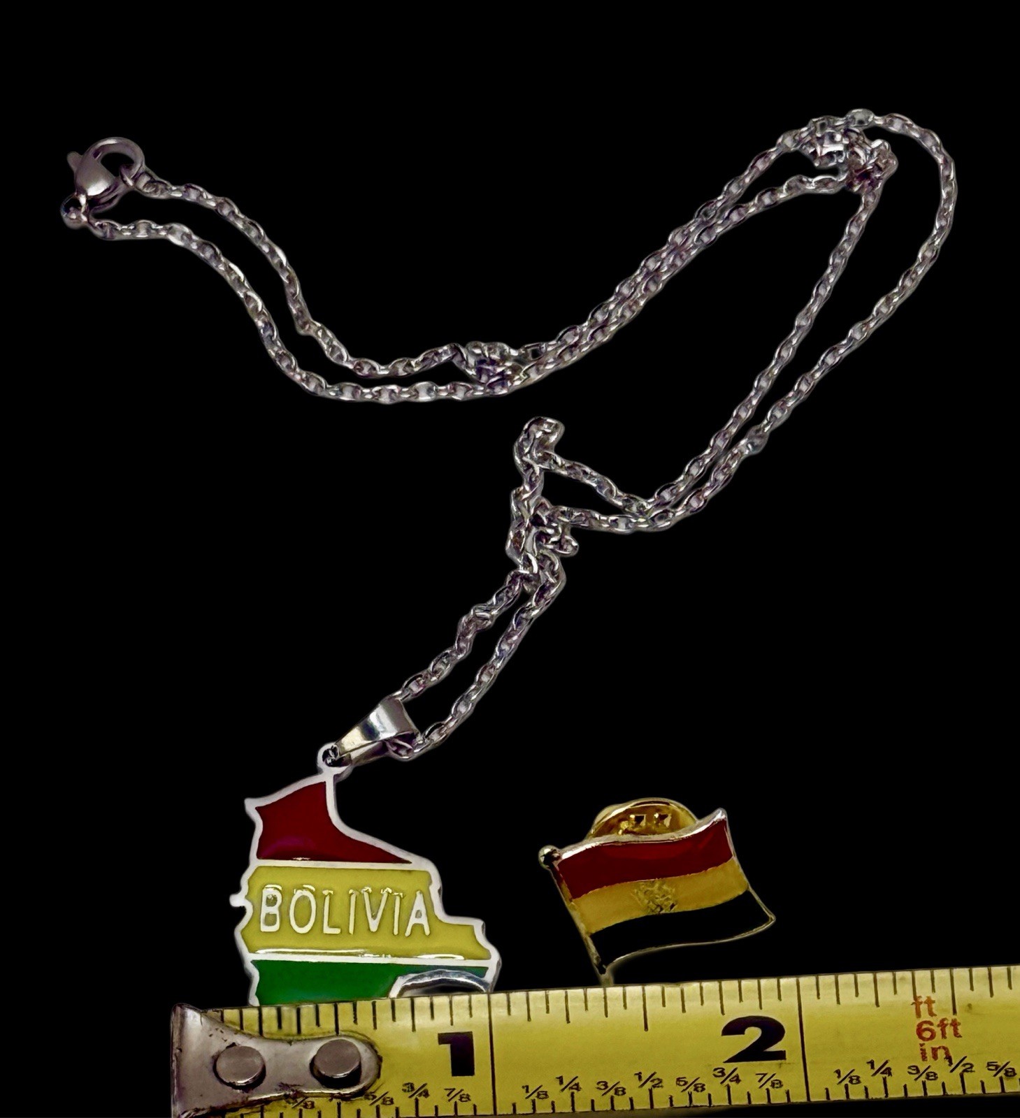 Bolivia Map Pendant Necklace & Flag Pin Set Red Yellow Green Gift Souvenir