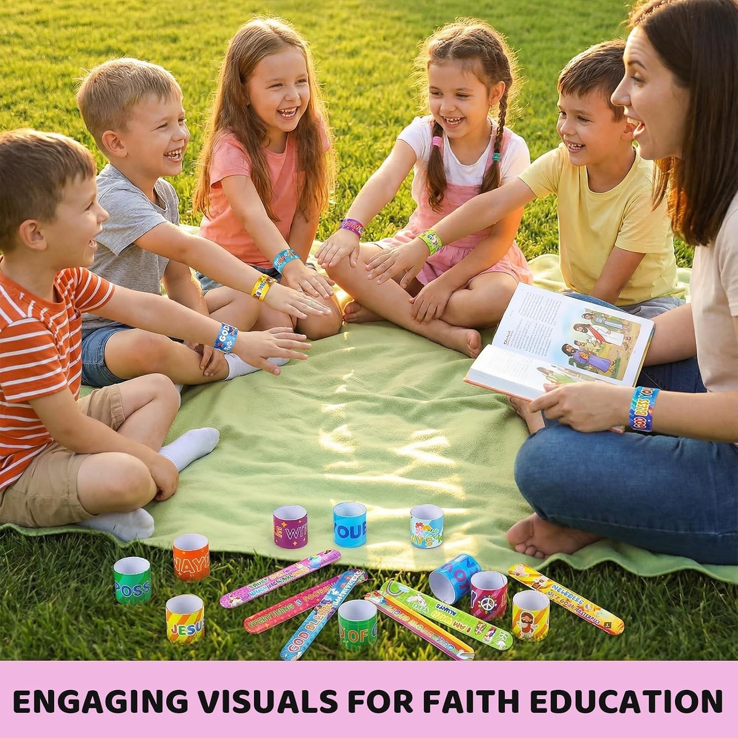 Vibrant 48-Piece Snap Bracelets with Bible Verses – Ideal Kids’ Gifts -Round