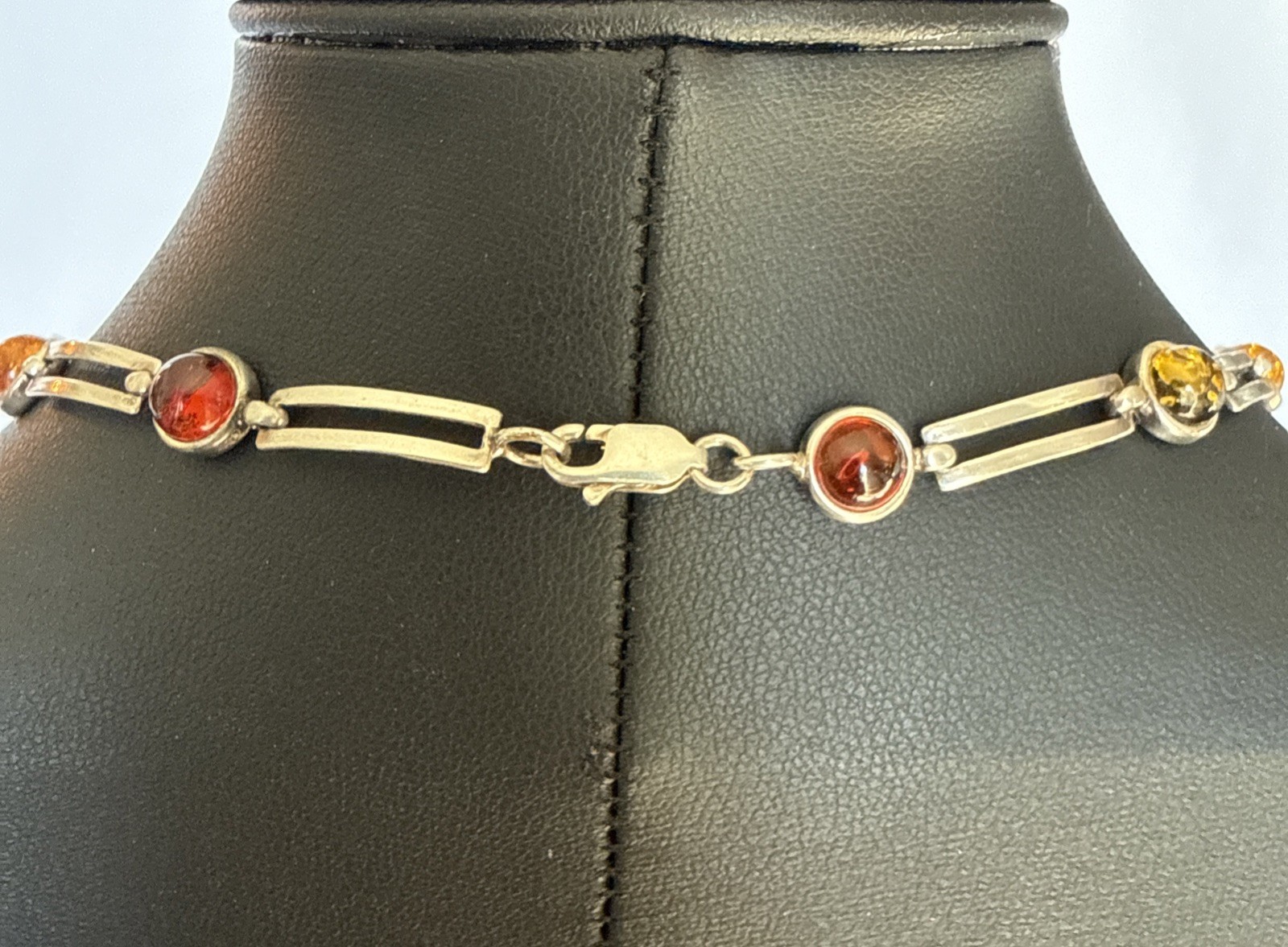 Sterling Silver Multi Color Amber Station Necklace 925 Baltic Amber Bezel Set