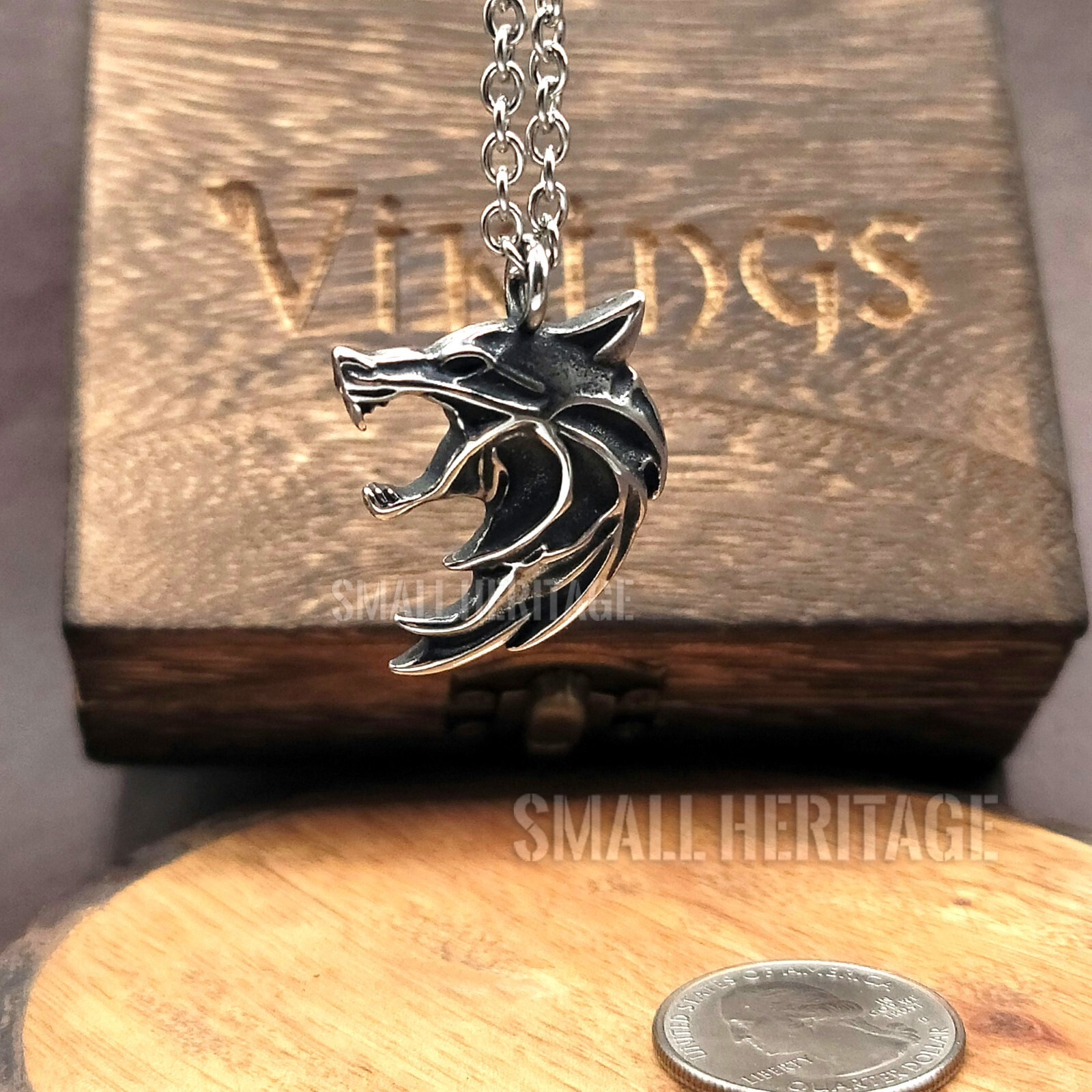 Small Heritage Wolf Head Viking Necklace Stainless Steel Witcher Pendant Amulet