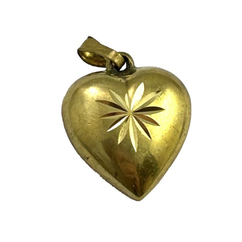 Vintage Puffy Heart Charm Pendant Etched Star Small Size Brass Metal Jewelry