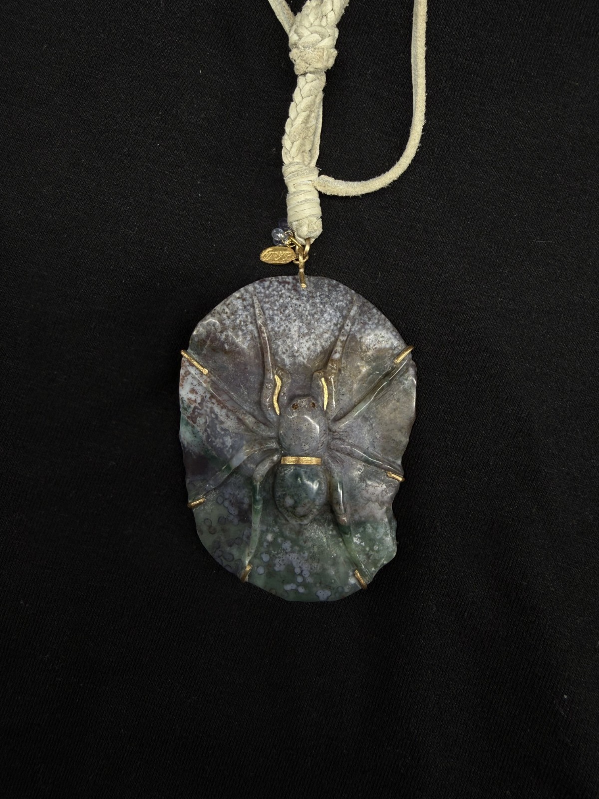 Shelly Litvak Carved Spider Necklace Diamond Briolettes 18K Gold Deerskin $2939