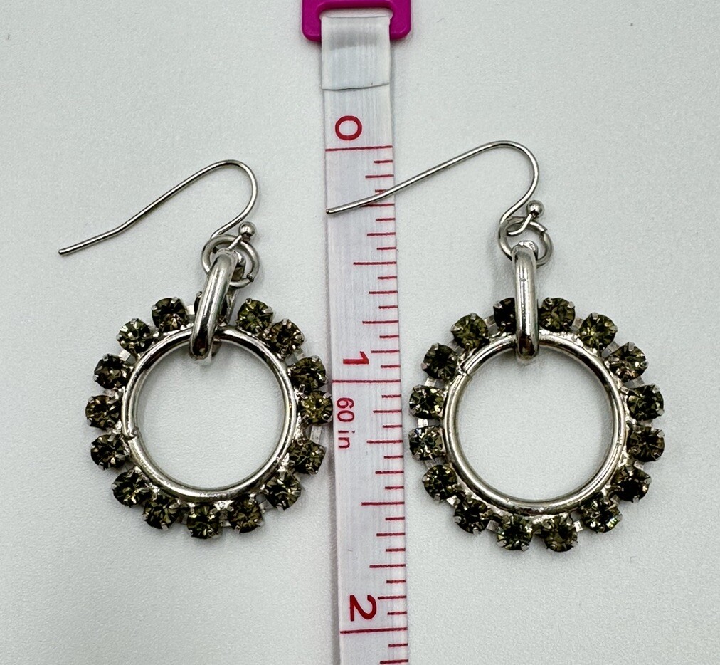 Silver Tone Gray Green Prong Set Pavé Crystal Glass Circle Dangle Earrings